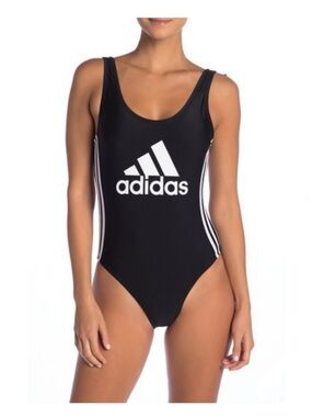 adidas Black One-Piece Swimsuit with White Logo and Stripes size M